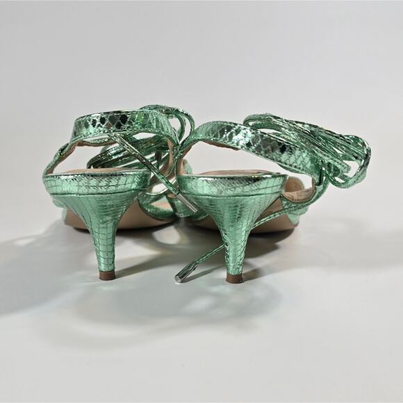 L Jewel Badgley Mischka Nolin Metallic Green Ankle Wrap Thong Sandals Heels Sz 6 - Picture 6 of 10